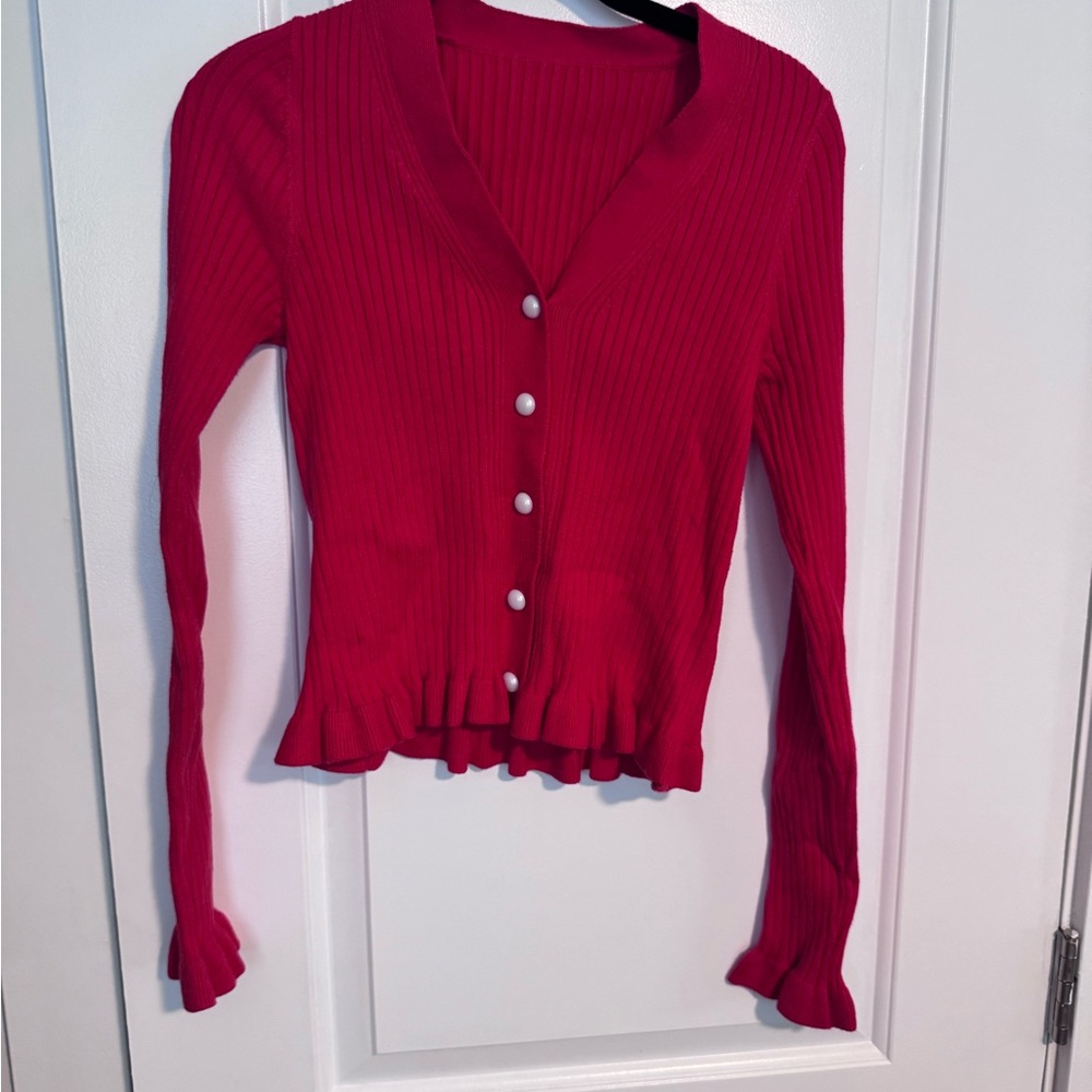 Red Ribbed Cardigan with Pearl Buttons
